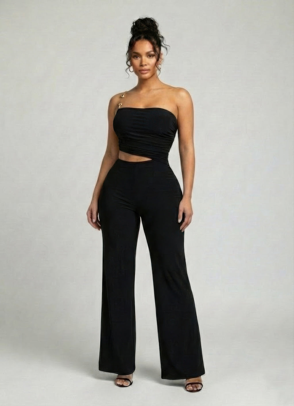 Black strapless ruched bandeau jumpsuit with fitted waist and wide-leg trousers