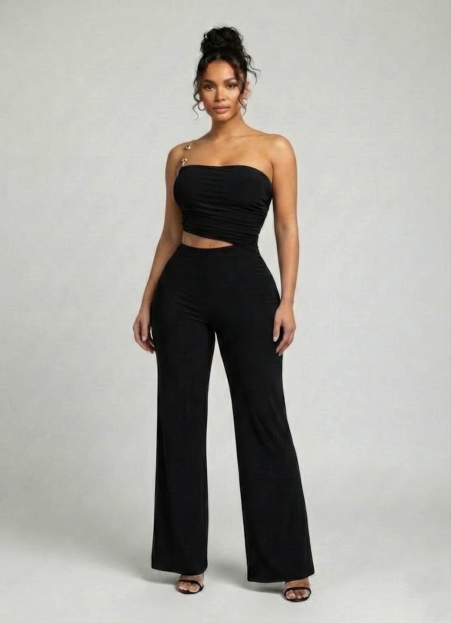 Black strapless ruched bandeau jumpsuit with fitted waist and wide-leg trousers