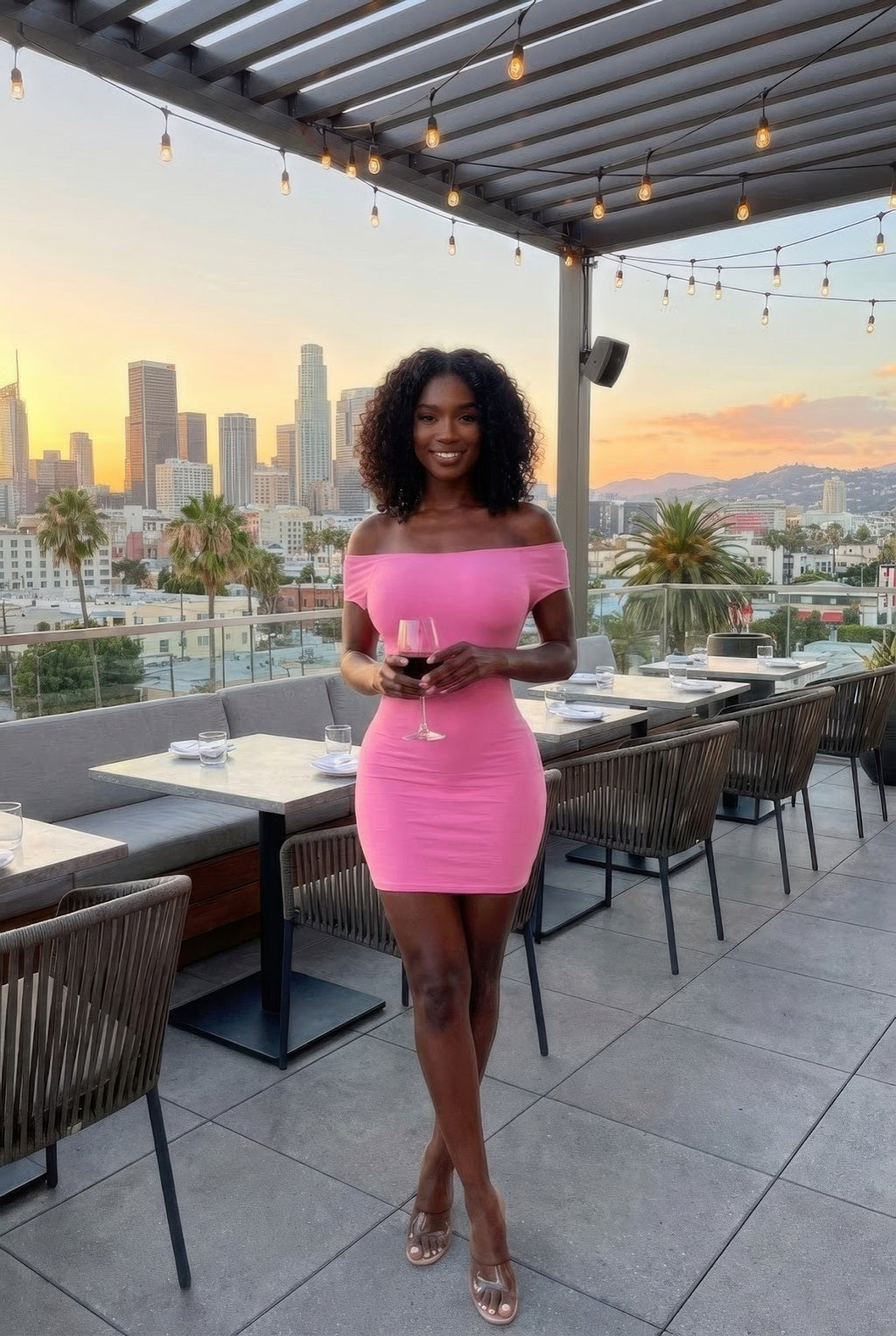 Pink off-shoulder mini dress, fitted bodice with ruched skirt