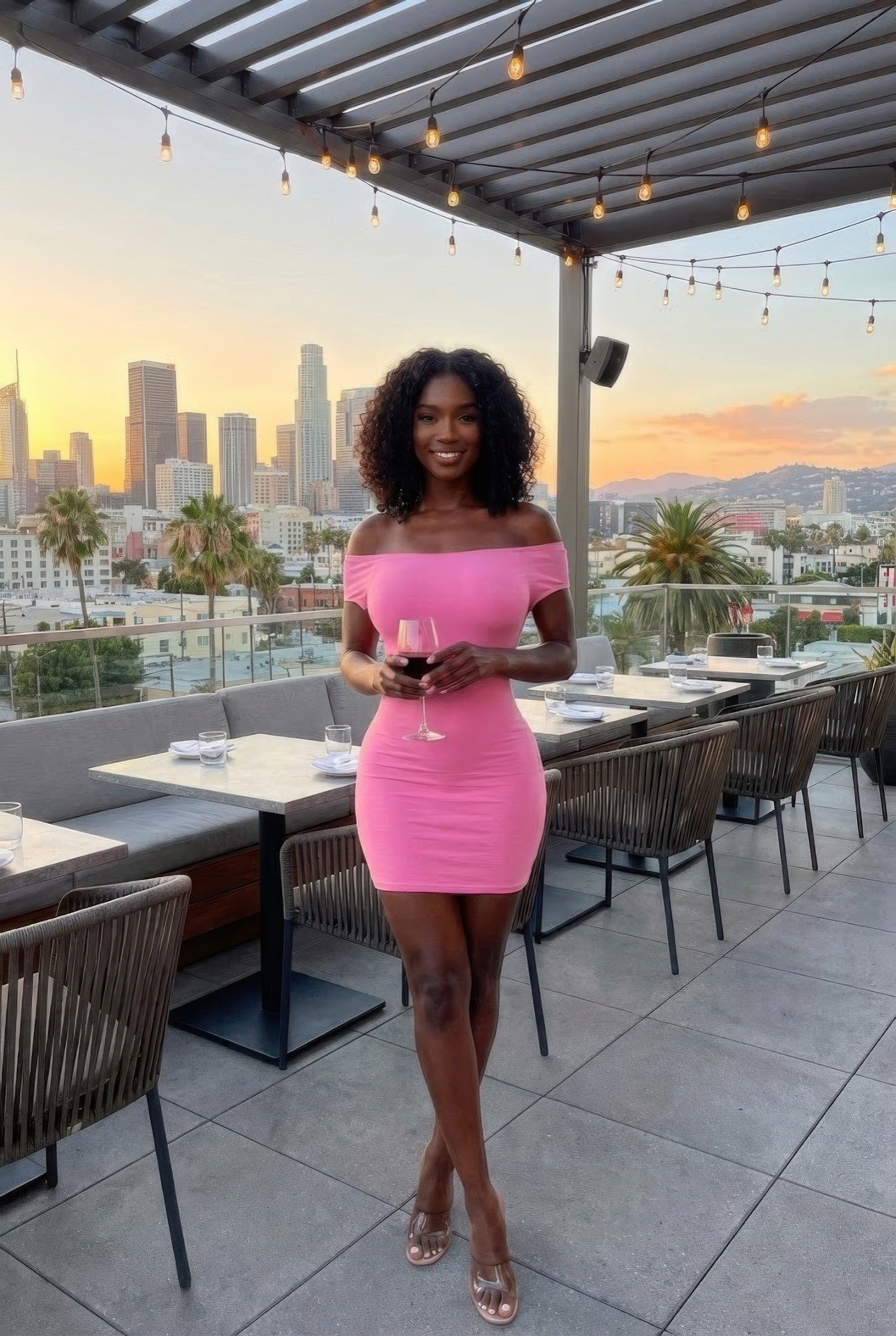 Pink off-shoulder mini dress, fitted bodice with ruched skirt