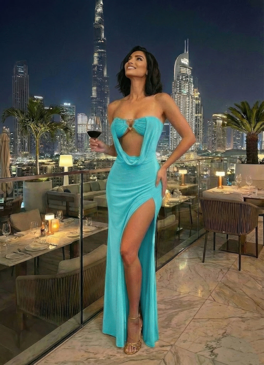 Türkisfarbenes Abendkleid, trägerlos mit Herz-Ausschnitt und Schleife, Schlitz.