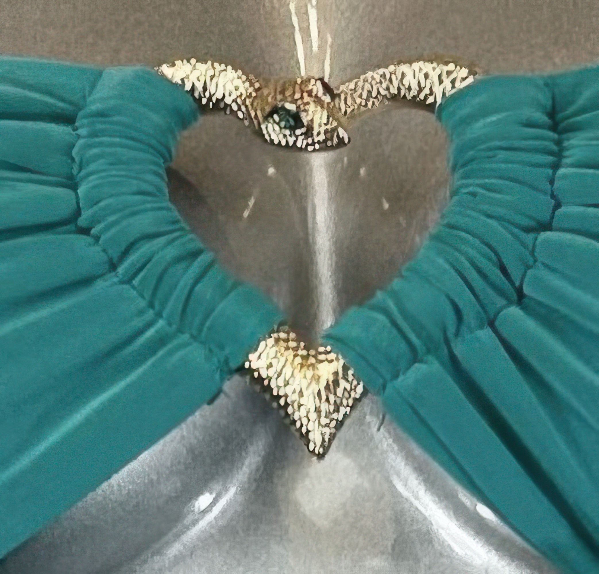 Nahaufnahme: türkisfarbenes Bustier-Kleid mit Herz-Paillettenbesatz und Strassschleife.