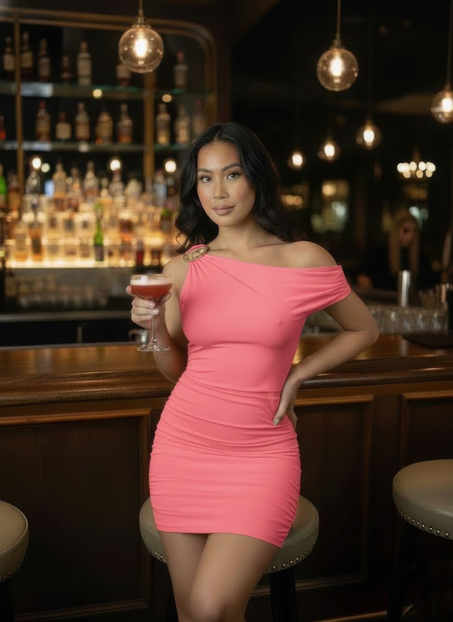 Bubble gum pink mini dress with gathered right shoulder and off-shoulder fitted silhouette