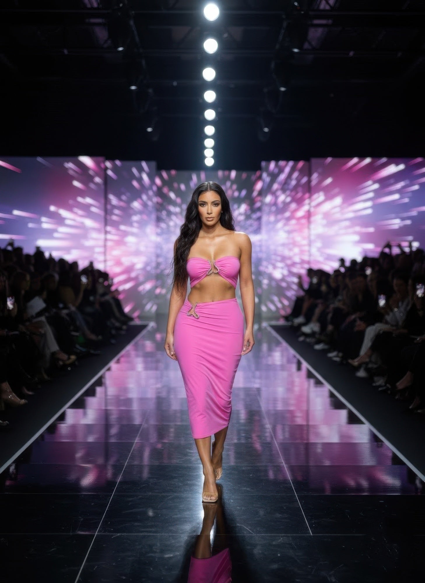 Fuchsia midi dress with triangular cutout bust and draped waist detail