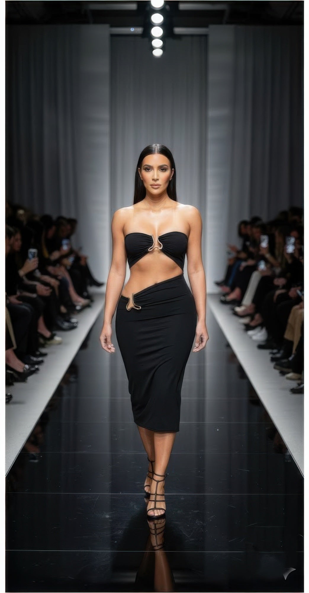 Black midi dress with triangular cutout bust, ring clasp detail, and body-skimming fit