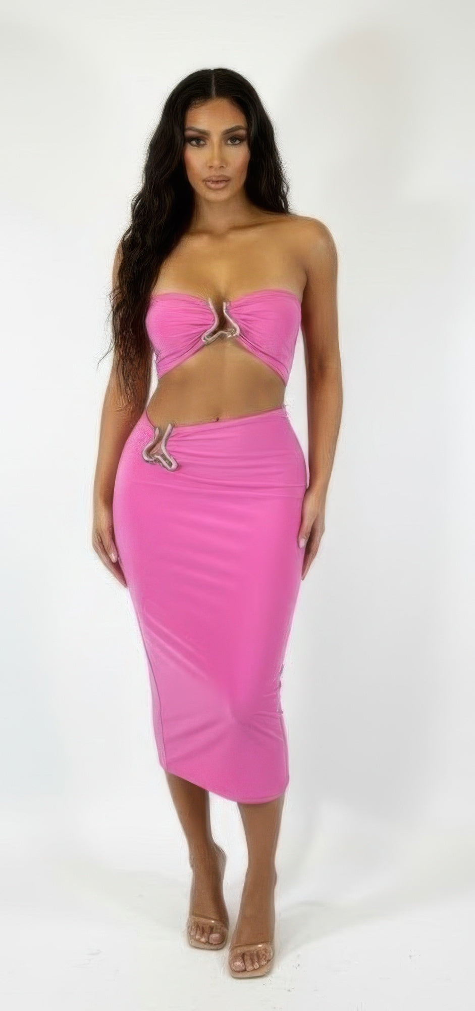 Fuchsia midi bodycon dress with strapless triangular cutout bust and gathered waist