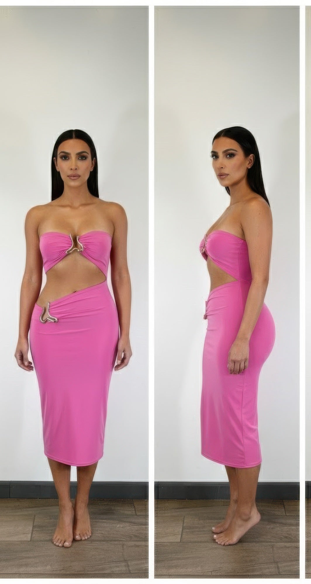 Fuchsia midi dress, front and side view: triangular cutout bust and draped hip panel