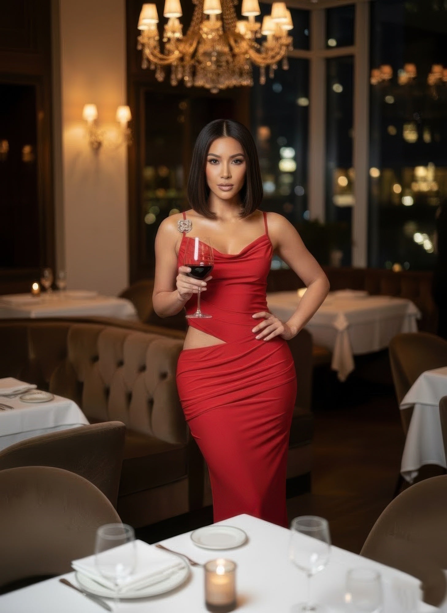 Red fitted maxi dress with cowl neckline and draped side cutout detail