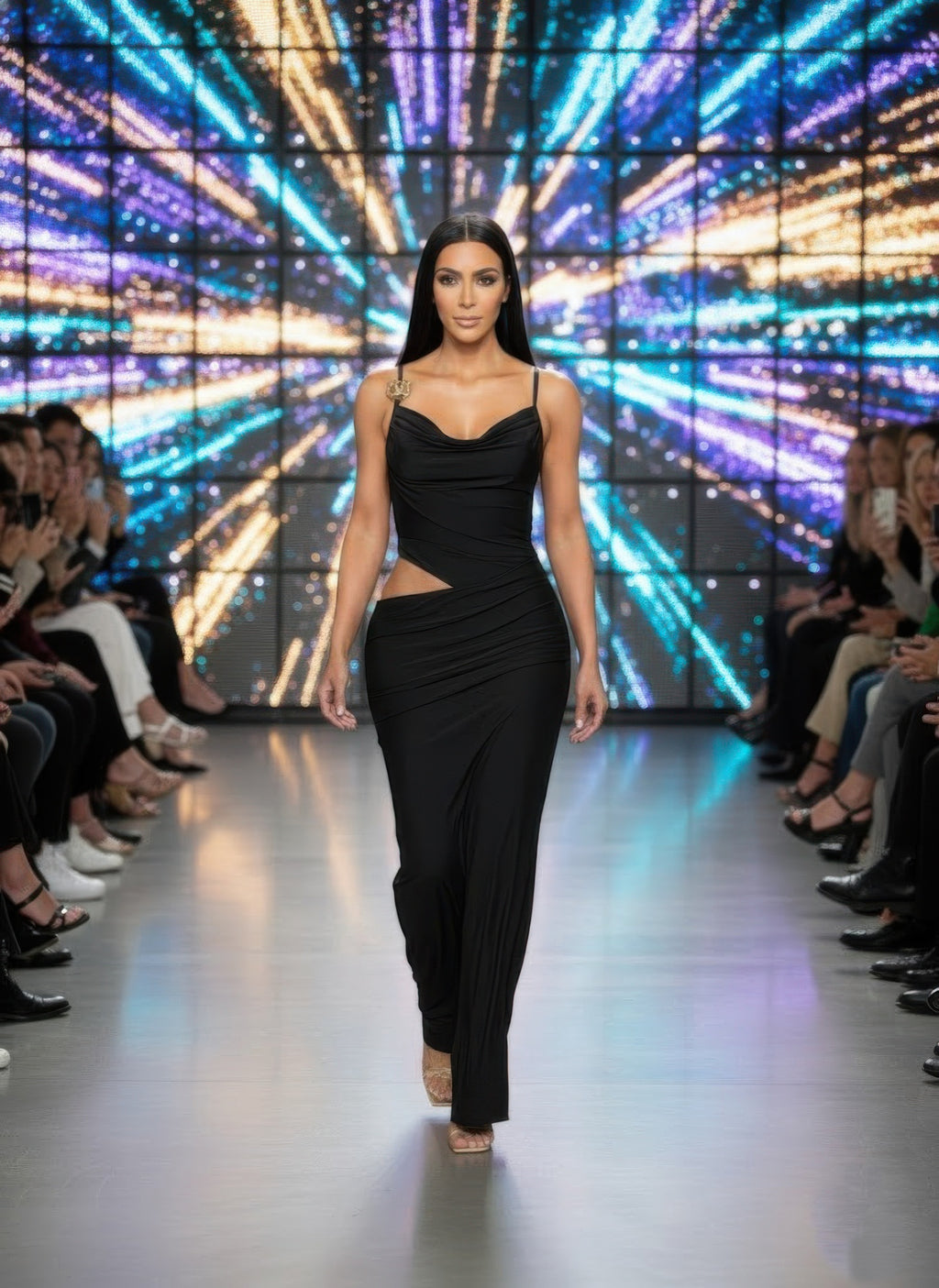Black evening maxi dress with cowl neckline, thin straps, and ruched waist drape