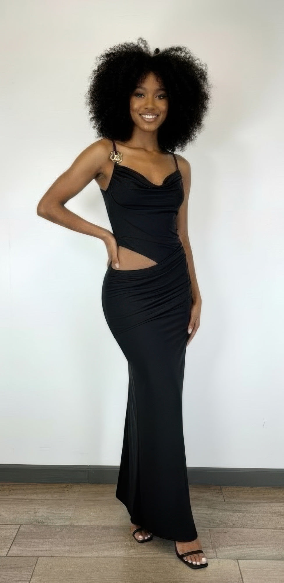 Black ruched cowl-neck maxi dress with spaghetti straps and side cutout panel