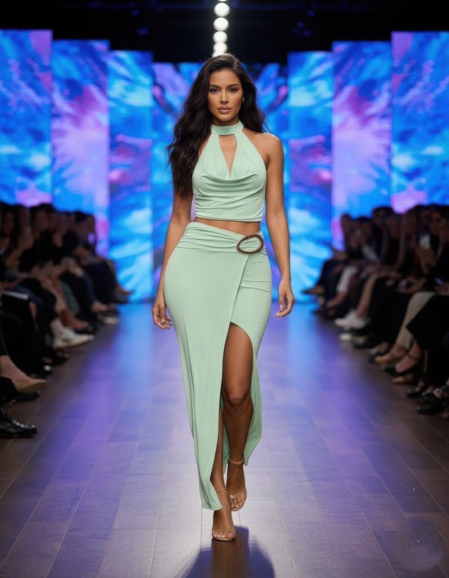 Mint halter cowl neck scarf top with oval ring; mint wrap maxi skirt set