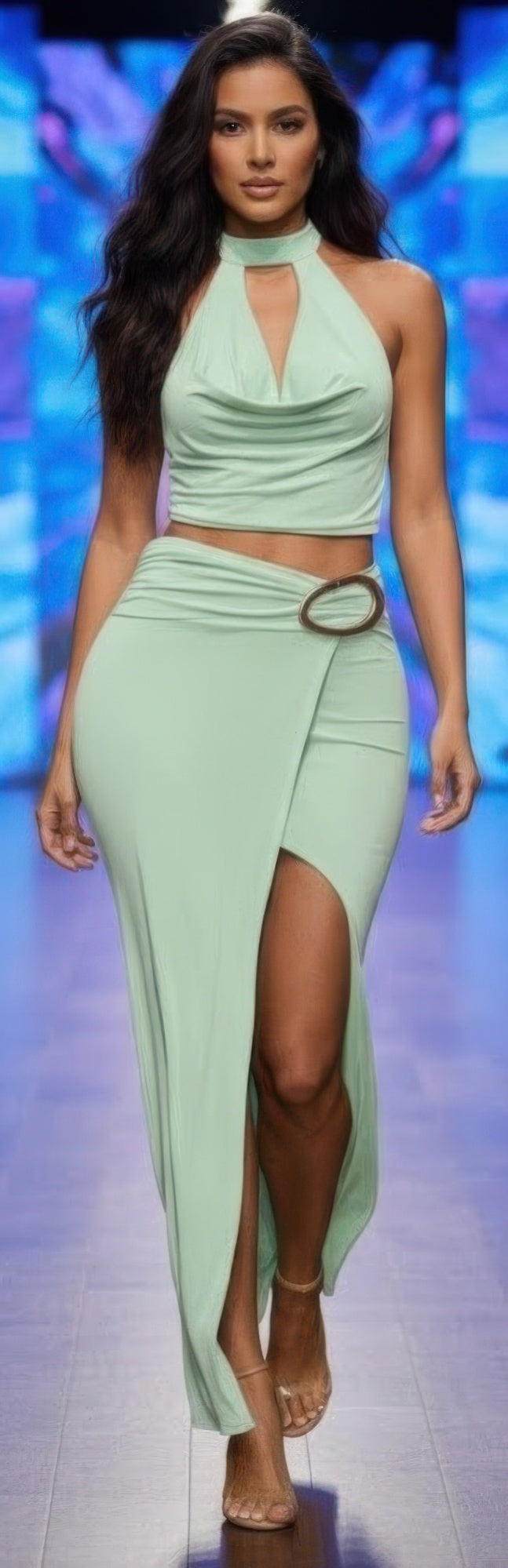 Mint two-piece set: halter cowl scarf top and long skirt with oval-ring waist slit