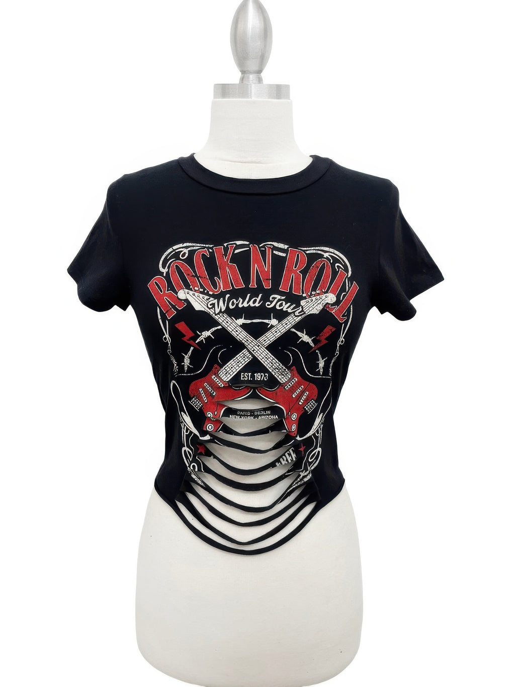Rock N Roll World Tour Laser-cut Graphic Tee - Tigbul's Variety Fashion Shop