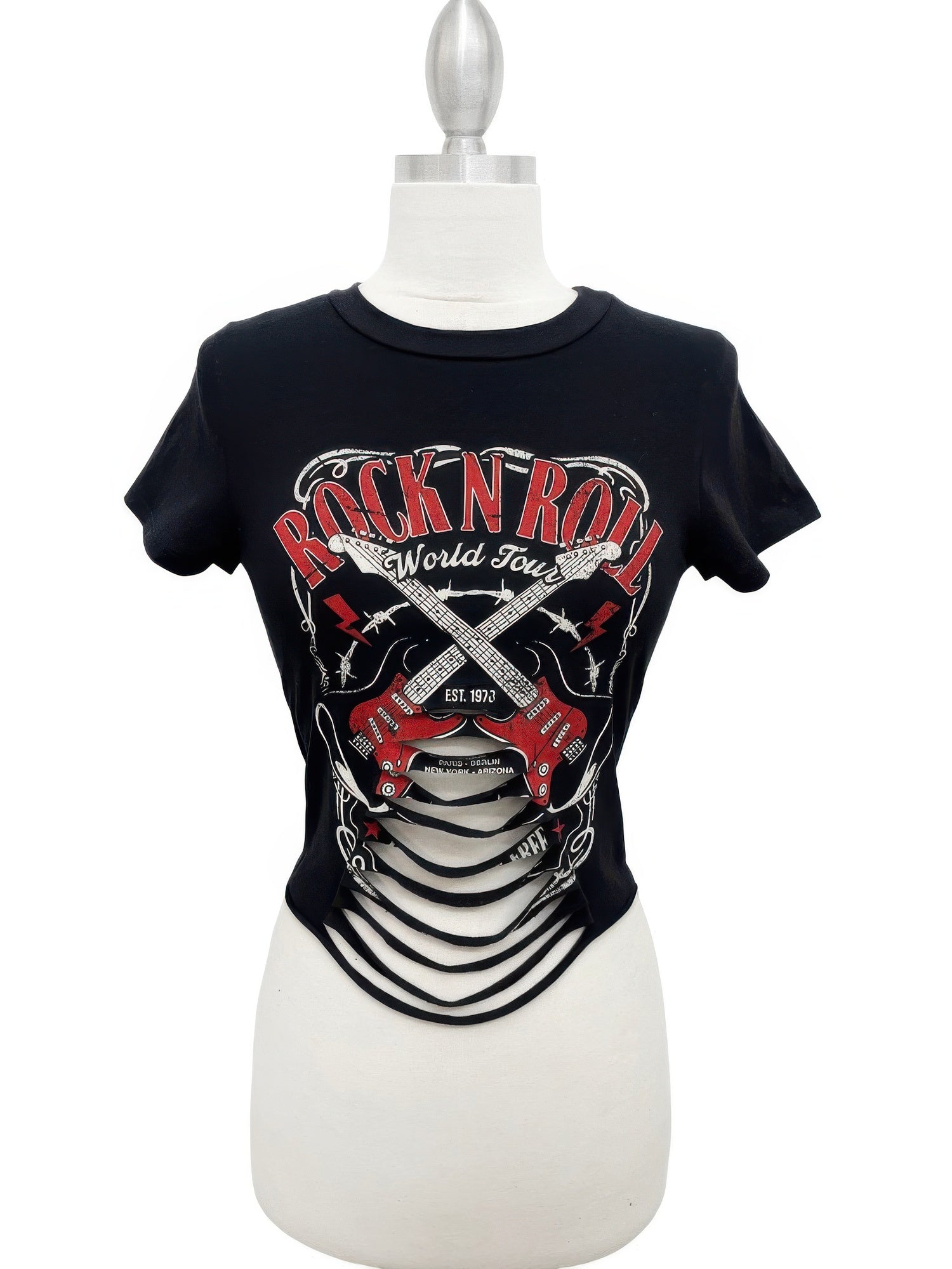 Rock N Roll World Tour Laser-cut Graphic Tee - Tigbul's Variety Fashion Shop