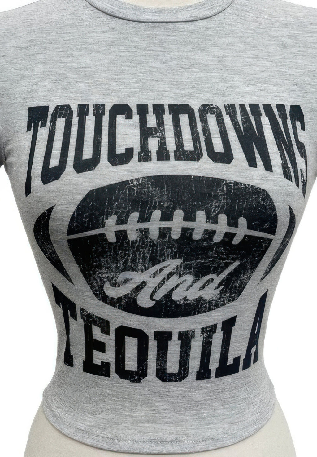 Grey tee close-up: Touchdowns & Tequila football logo