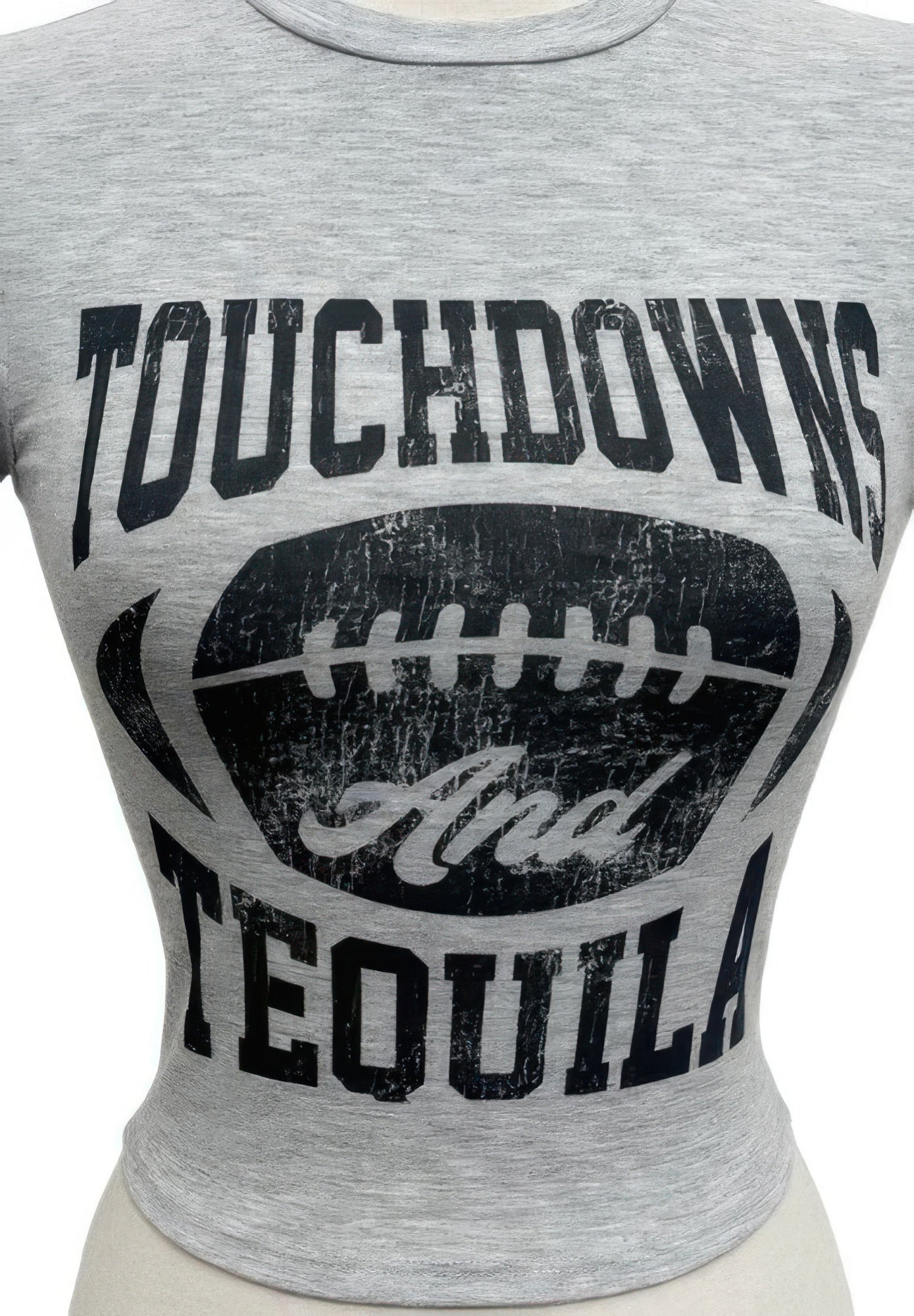 Grey tee close-up: Touchdowns & Tequila football logo