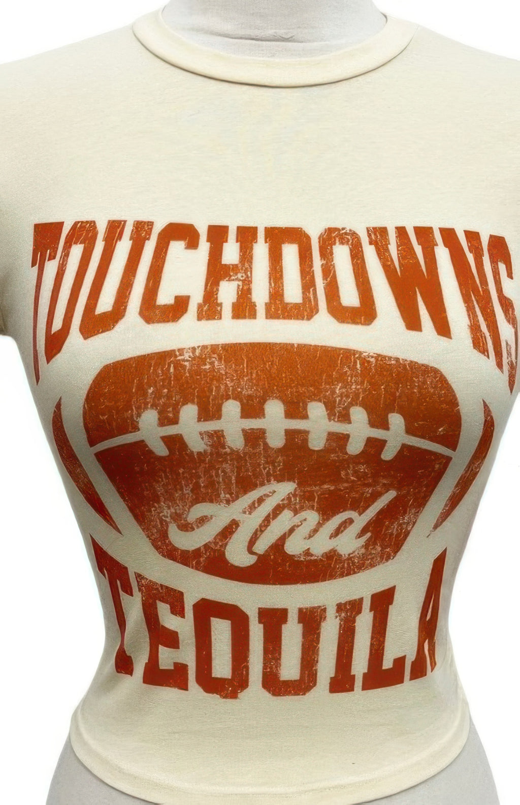 Cream tee close-up: Touchdowns & Tequila football logo