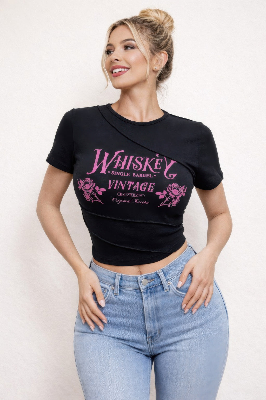 Whiskey Vintage Graphic Asymmetrical Crop Top - Tigbul's Variety Fashion Shop