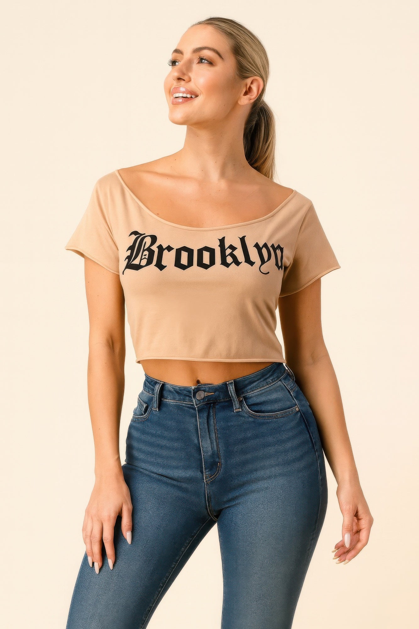 Khaki off-shoulder Brooklyn graphic crop top, short sleeves