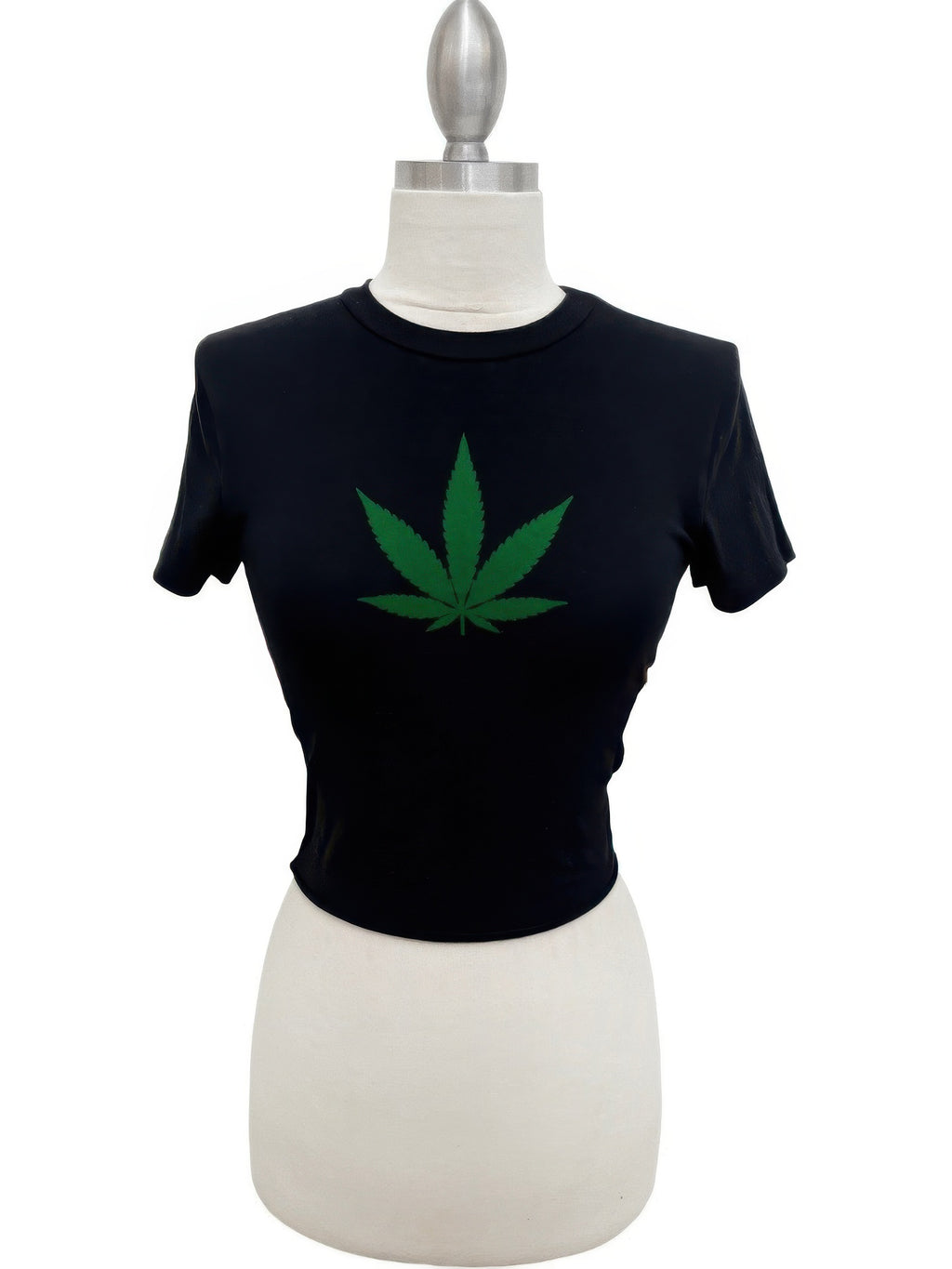 Black crop T-shirt with centered green cannabis leaf graphic, crew neck