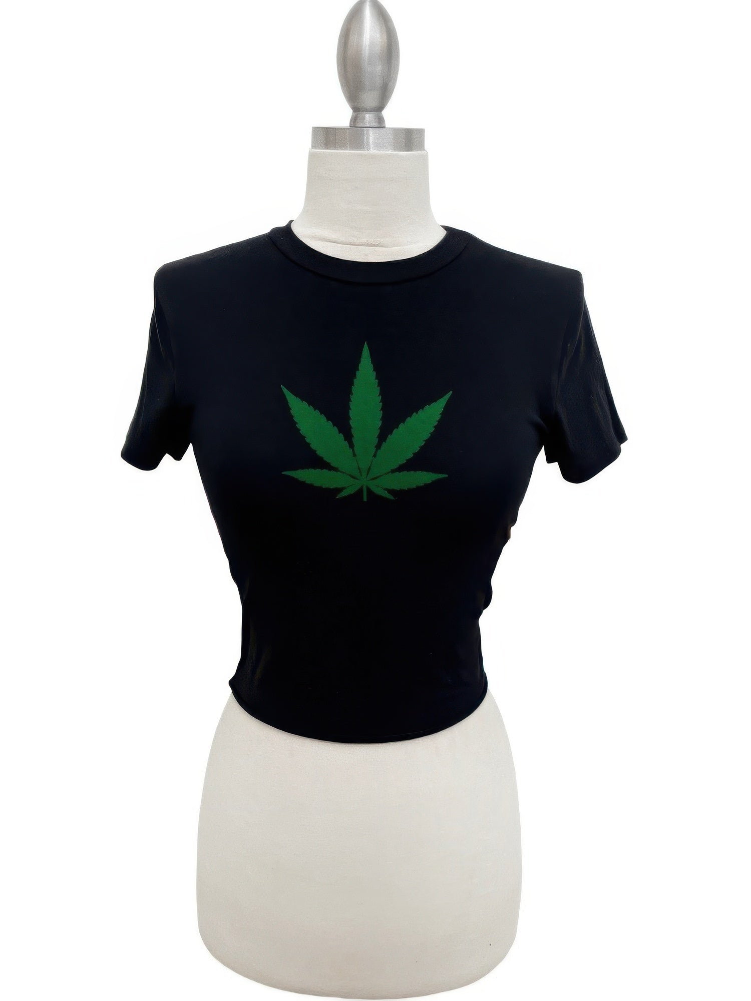 Black crop T-shirt with centered green cannabis leaf graphic, crew neck
