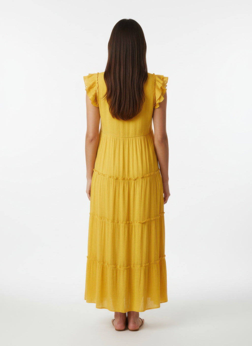 Solid lemon cap-sleeve tiered dress, back view, layered tiers at skirt
