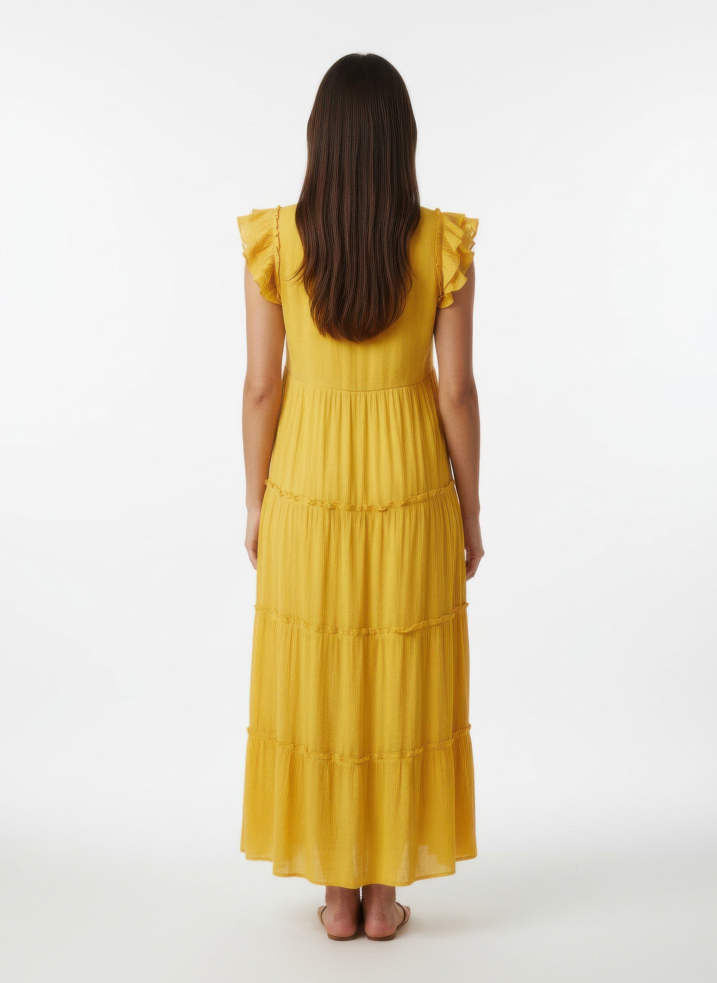 Solid lemon cap-sleeve tiered dress, back view, layered tiers at skirt