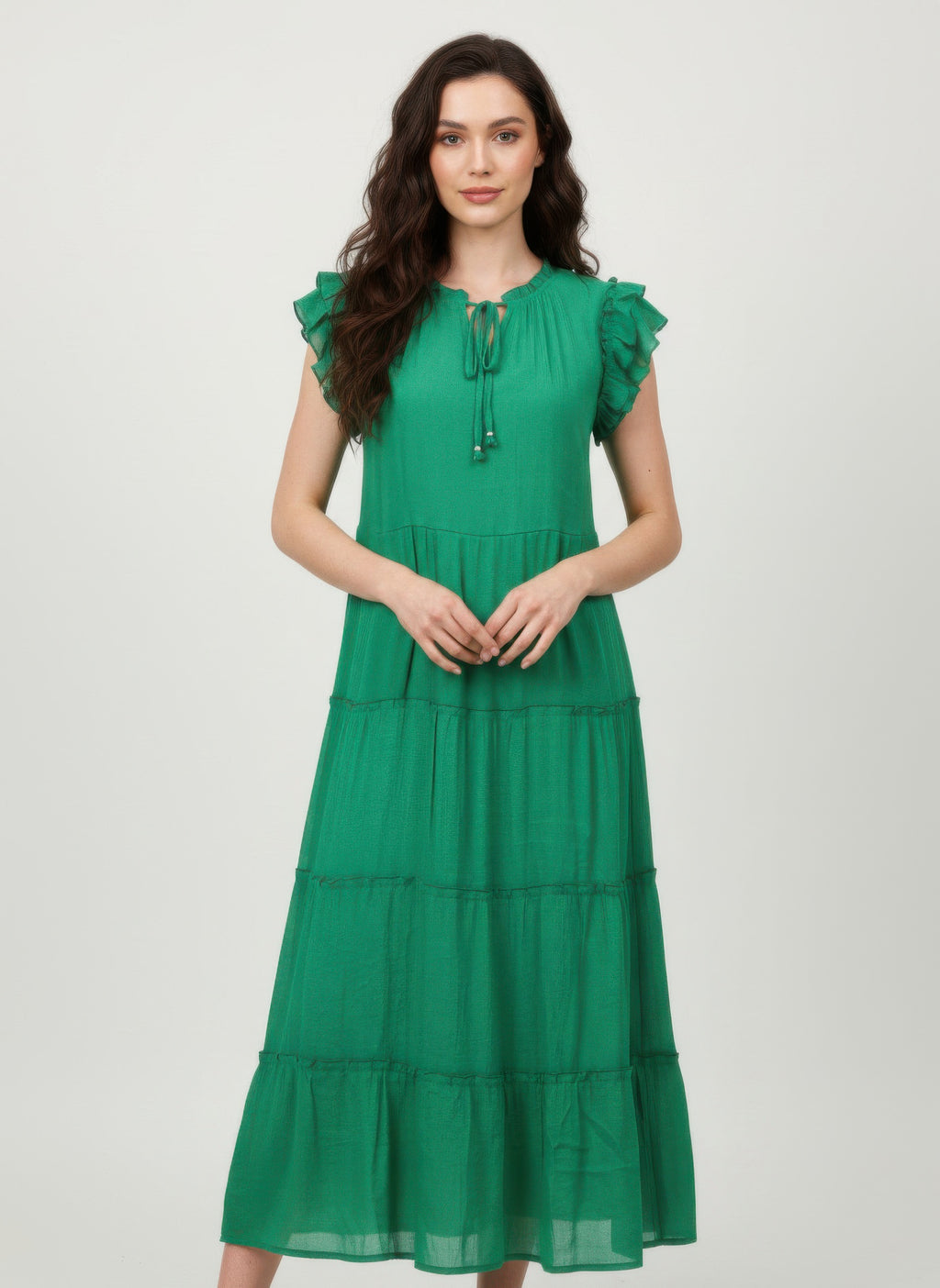 Mlle Gabrielle solid green cap-sleeve tiered dress with tassel tie neckline