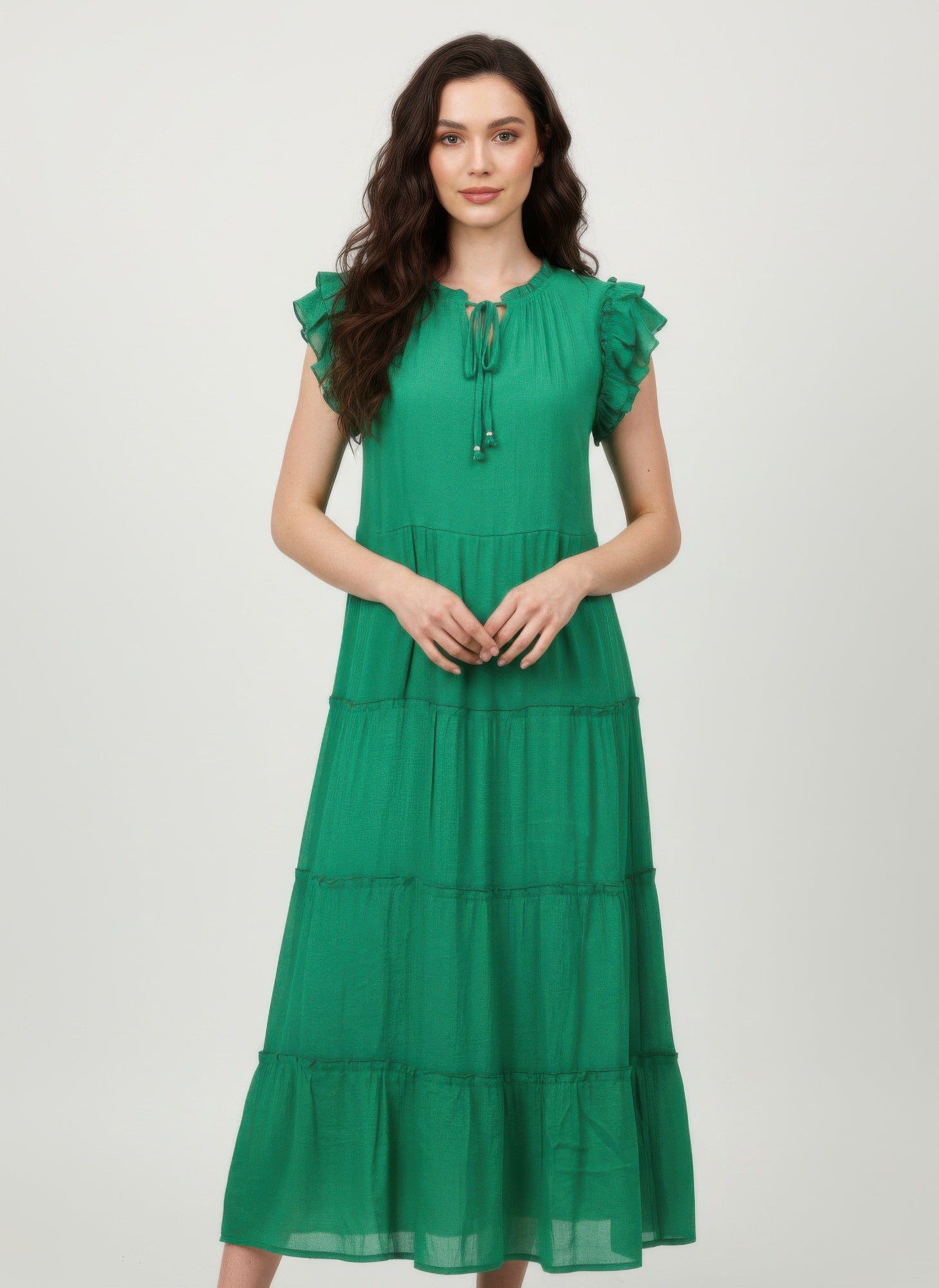 Mlle Gabrielle solid green cap-sleeve tiered dress with tassel tie neckline