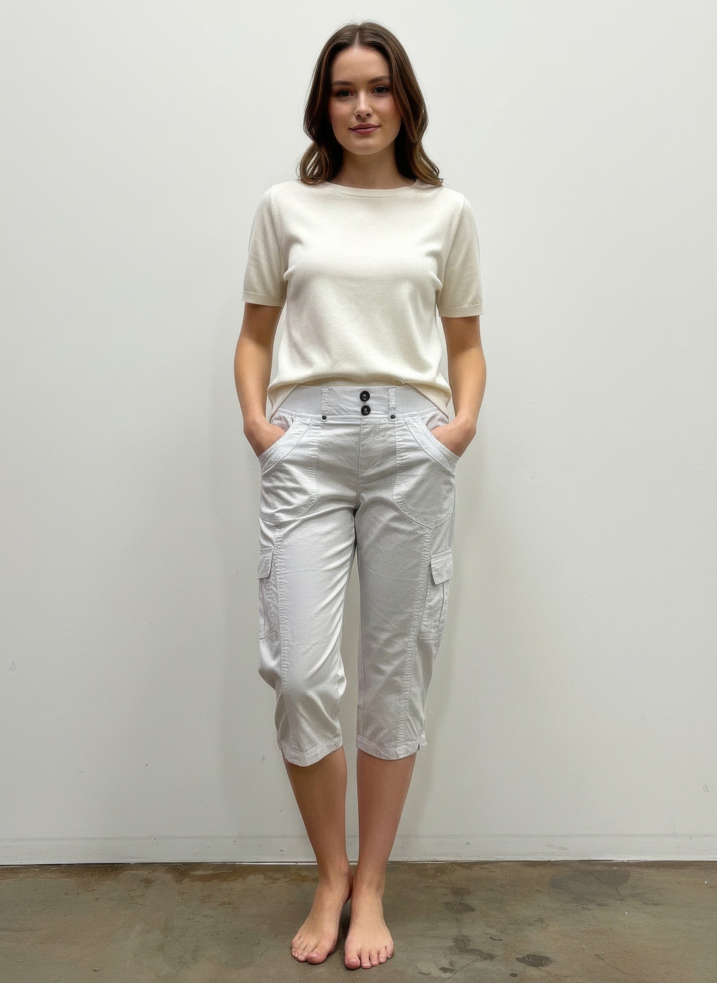 Dash Solid Capri in light gray/white, button-front and cargo side pockets