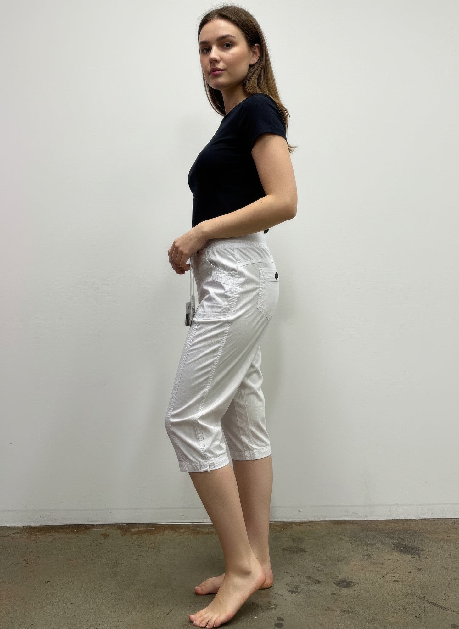 Dash Solid Capri, white with button-front and cargo side pockets, side view
