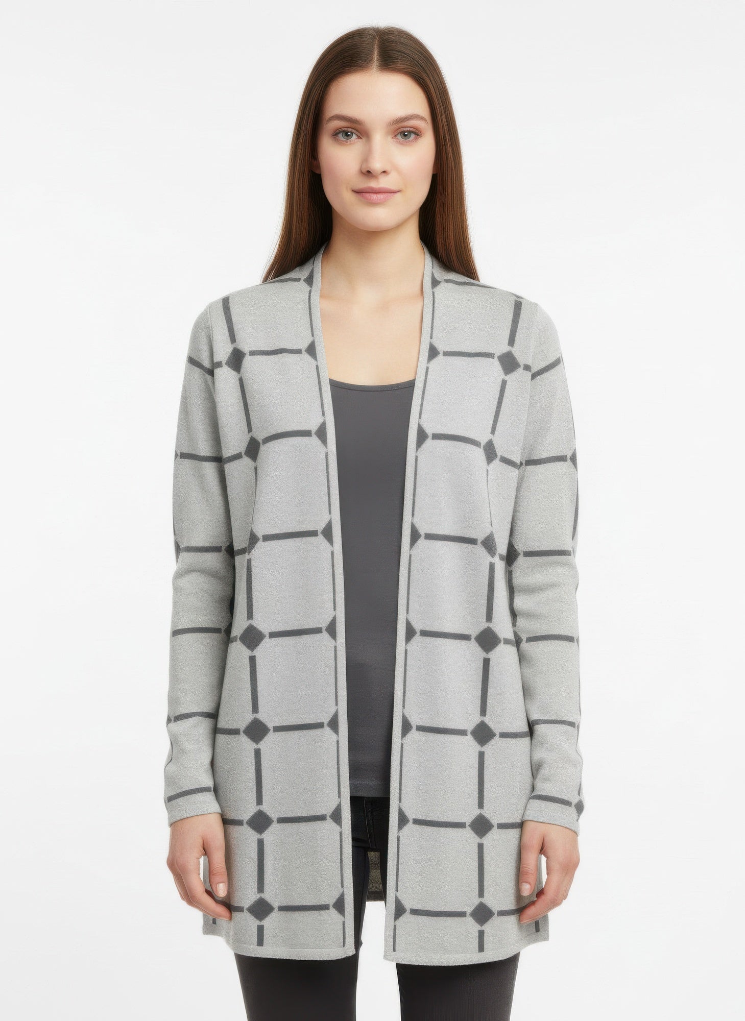 By Design open-front cardigan sweater, heather gray with geometric stripe pattern