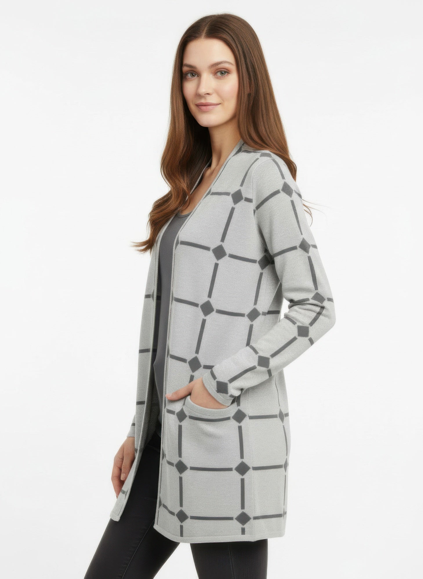 Open-front cardigan sweater in heather gray with large geometric grid print