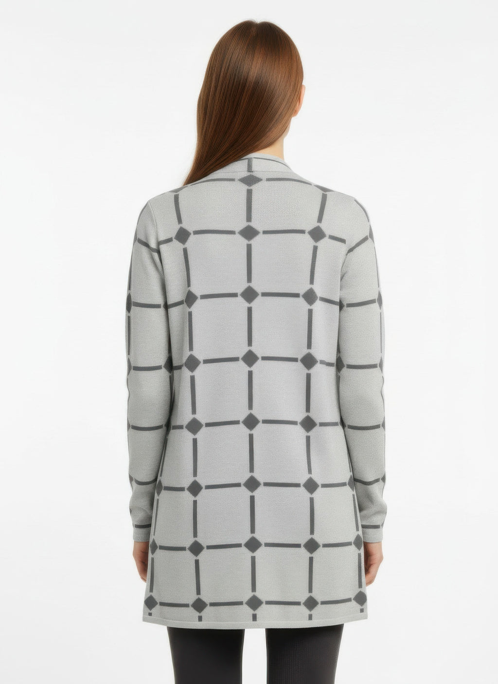 Back view: open-front cardigan sweater, heather gray with geometric pattern and hem band