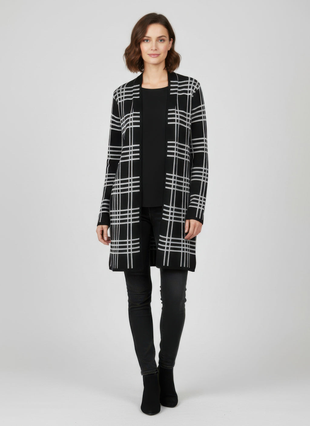 Open cardigan sweater in black-and-white plaid with long sleeves