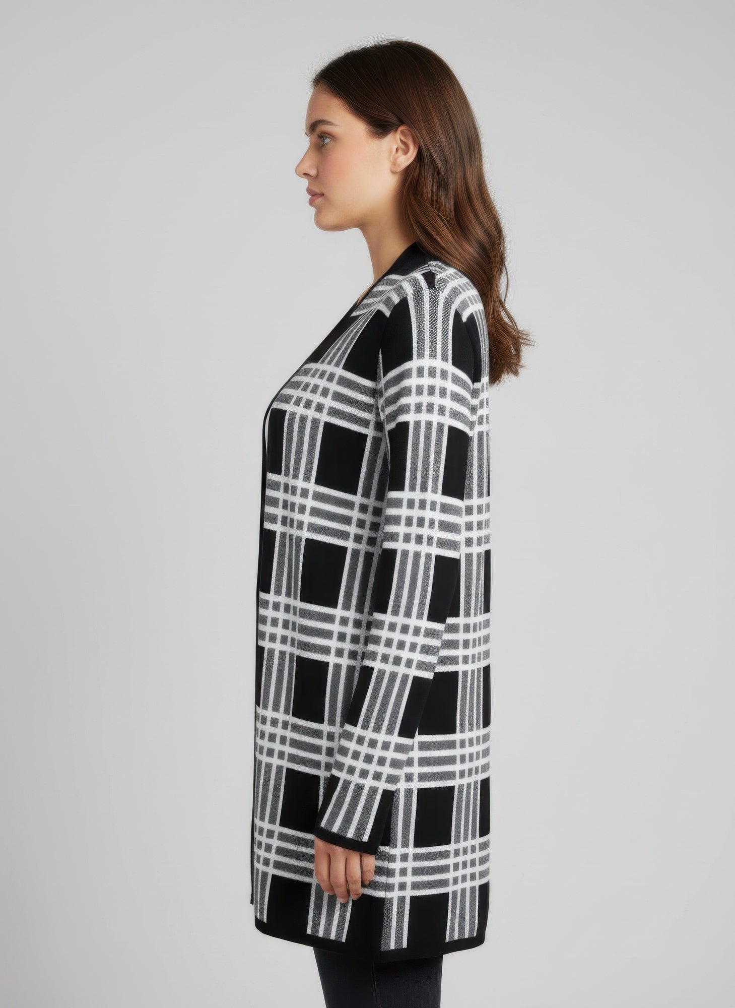 Black-and-white plaid open cardigan, side view, long sleeves, straight hem