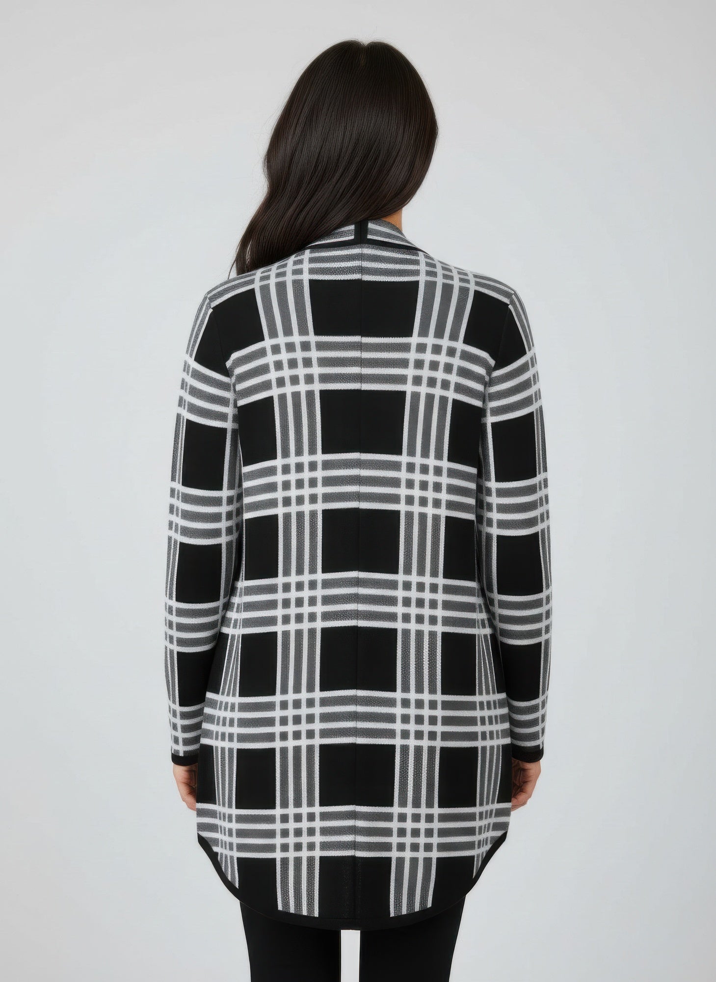 Back view of black-and-white plaid cardigan sweater with long sleeves