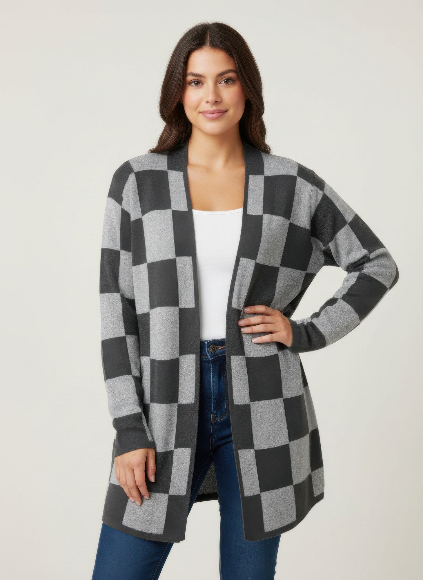 Checkered sweater cardigan (black & gray), open front, long sleeves