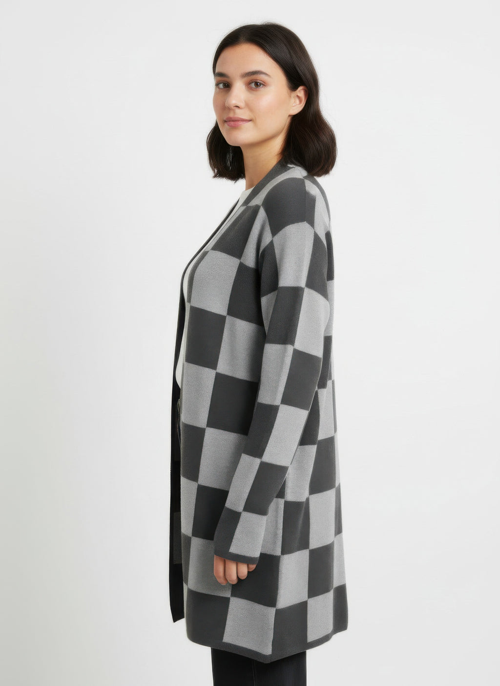 Checkered sweater cardigan, long sleeves, draped open front (side view)