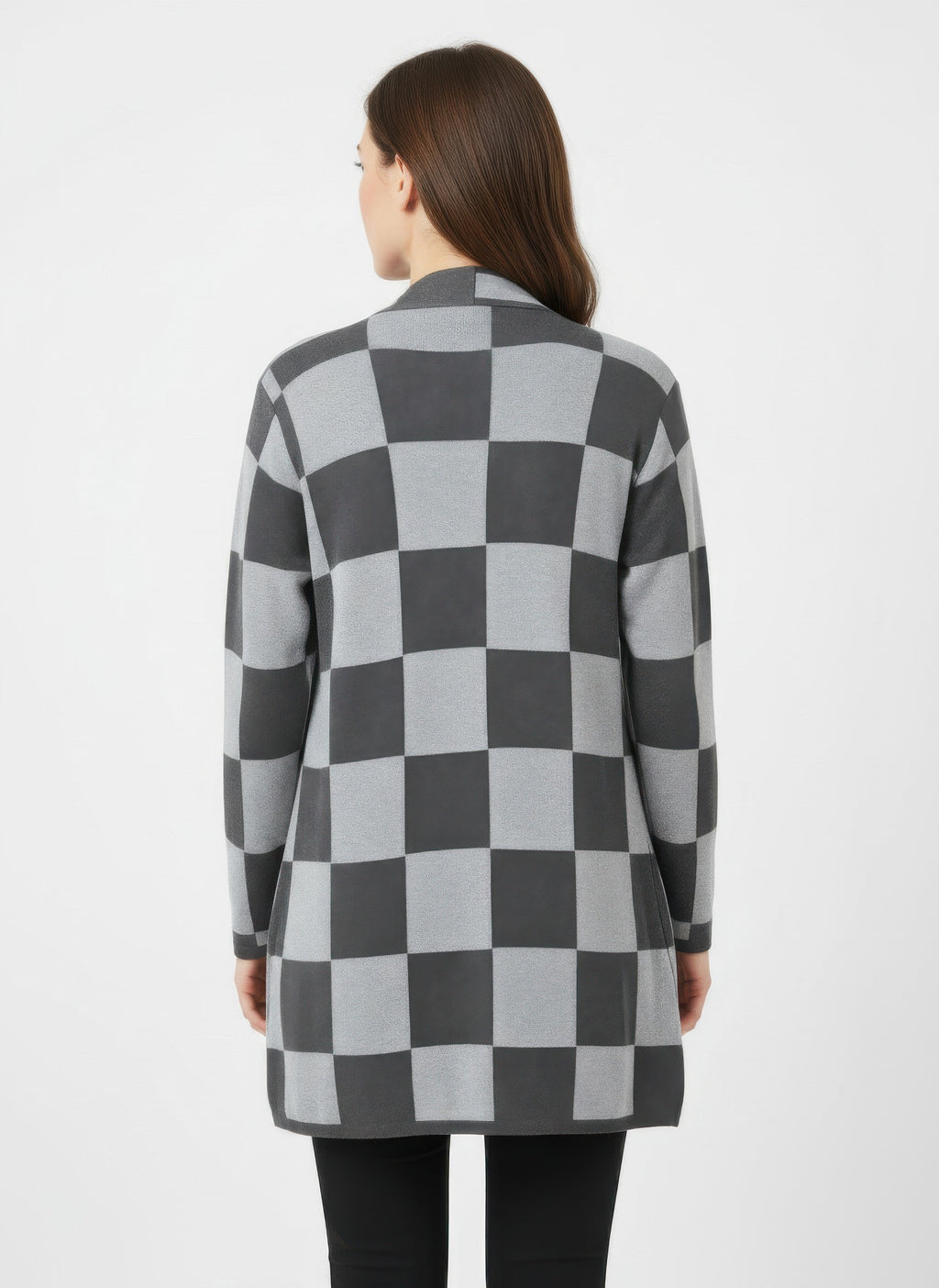 Back view of checkered sweater cardigan in black & gray squares, long sleeves