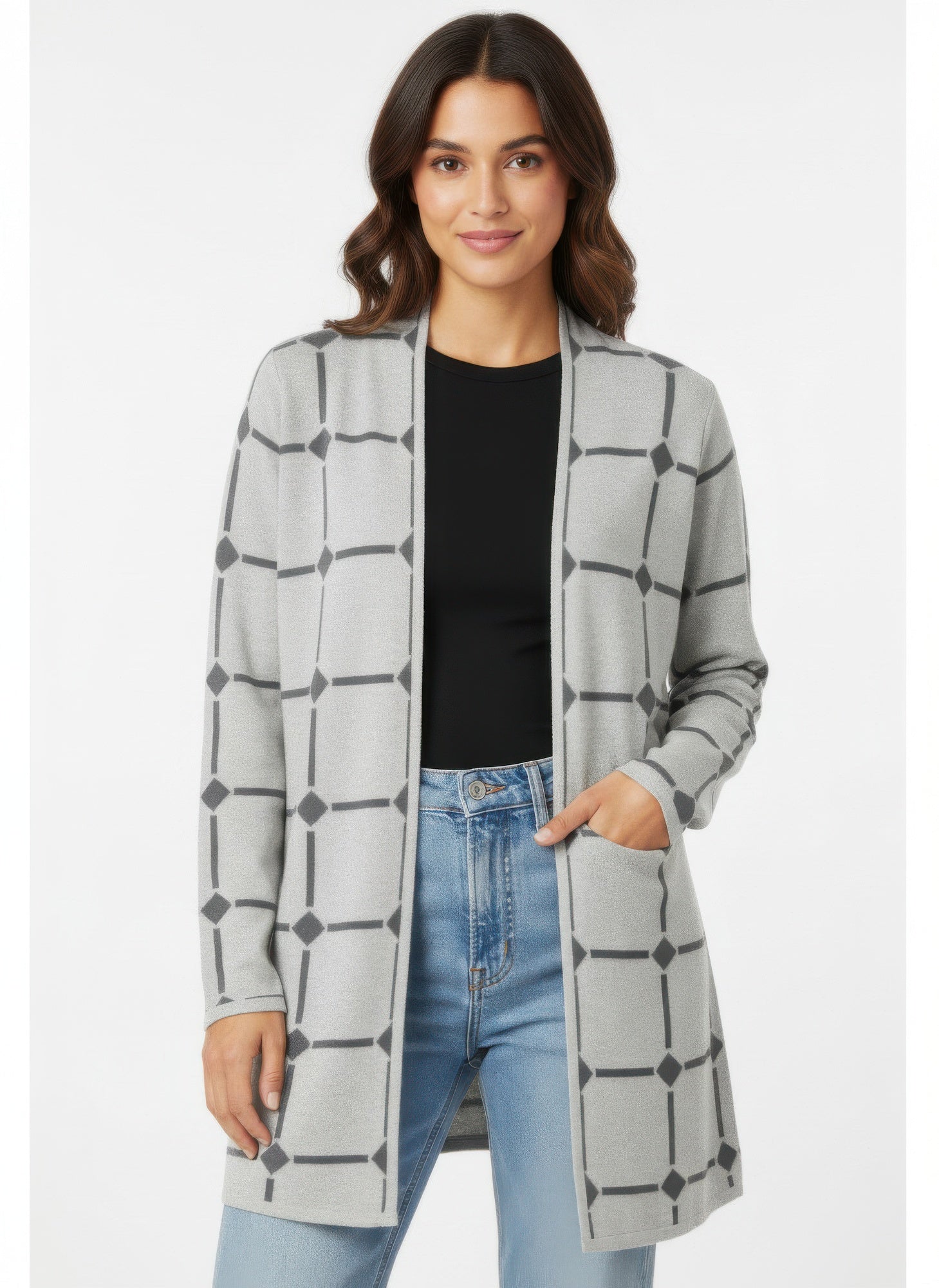 By Design open cardigan in light gray with geometric block pattern and front buttons