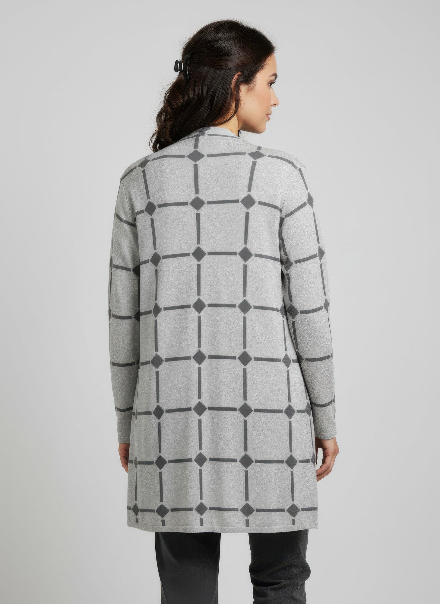 Back view: open cardigan sweater in light gray with geometric block pattern