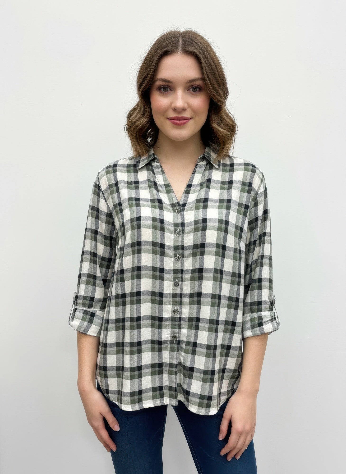 Erika karierte Bluse olive-weiß, Knopfleiste vorn, Hemdkragen