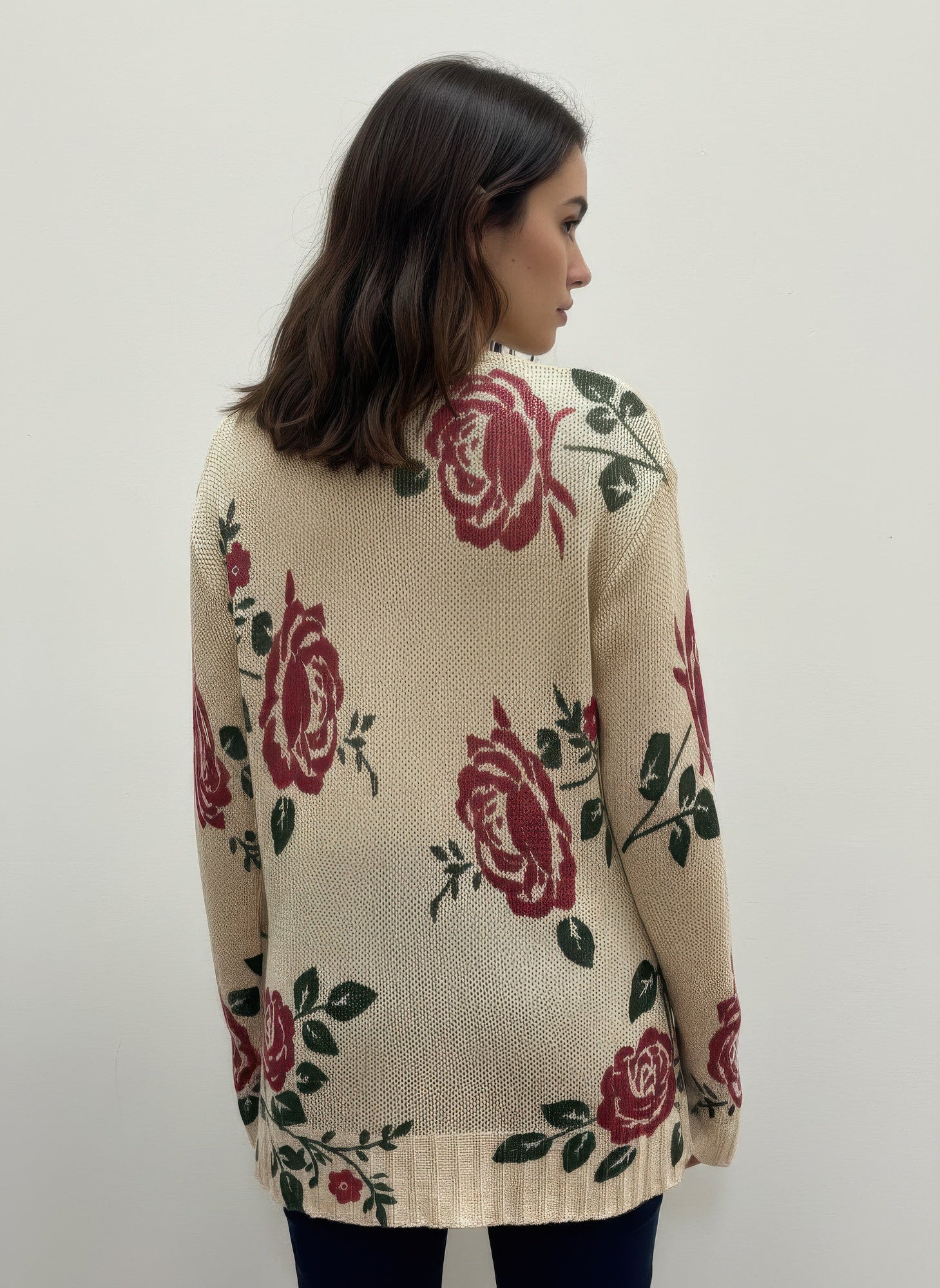 Pull-over sweater with floral rose print, back view, ribbed hem and cuffs