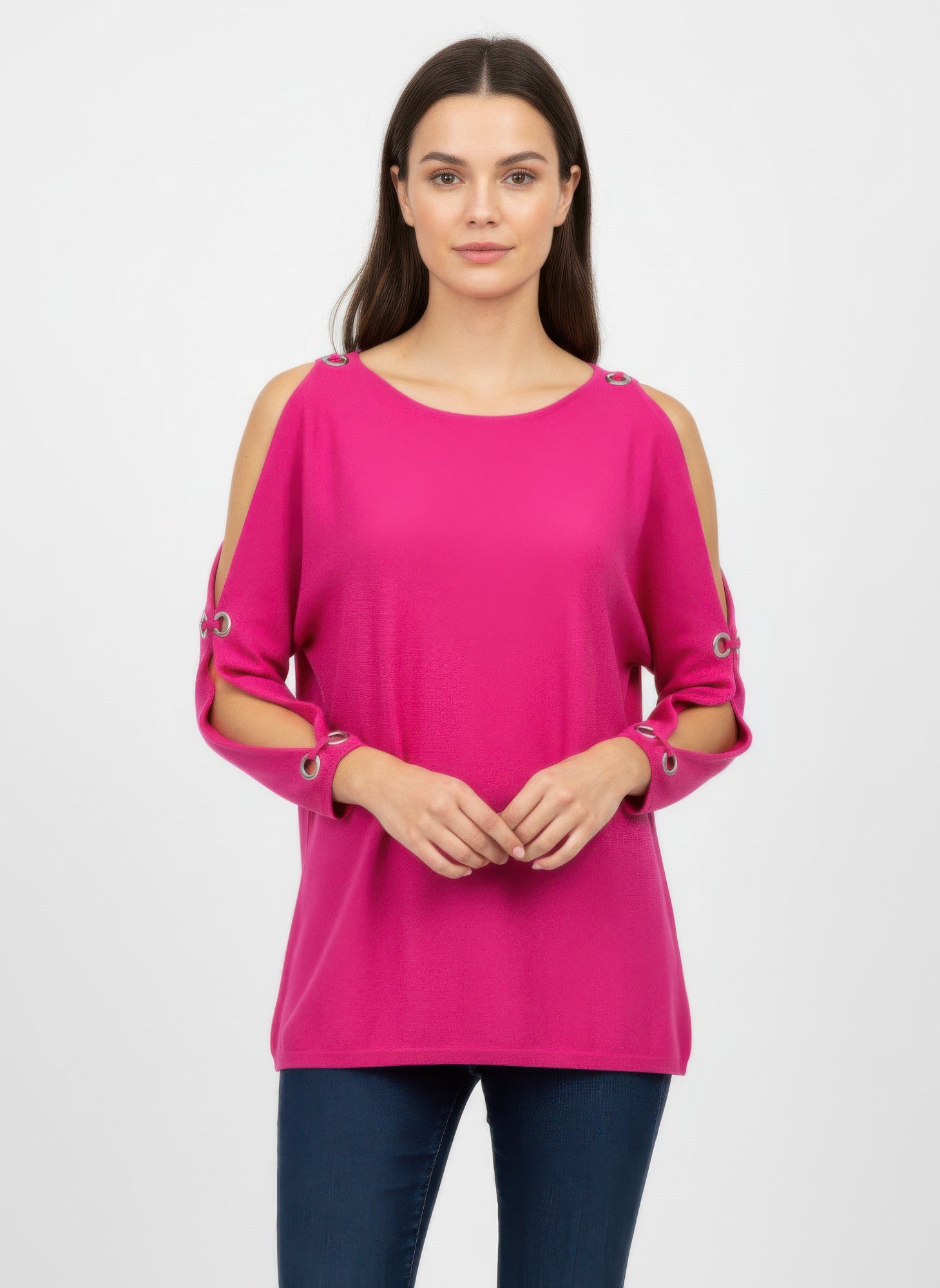Pink cable & gauge pullover sweater with cold-shoulder cutouts and eyelet sleeve details