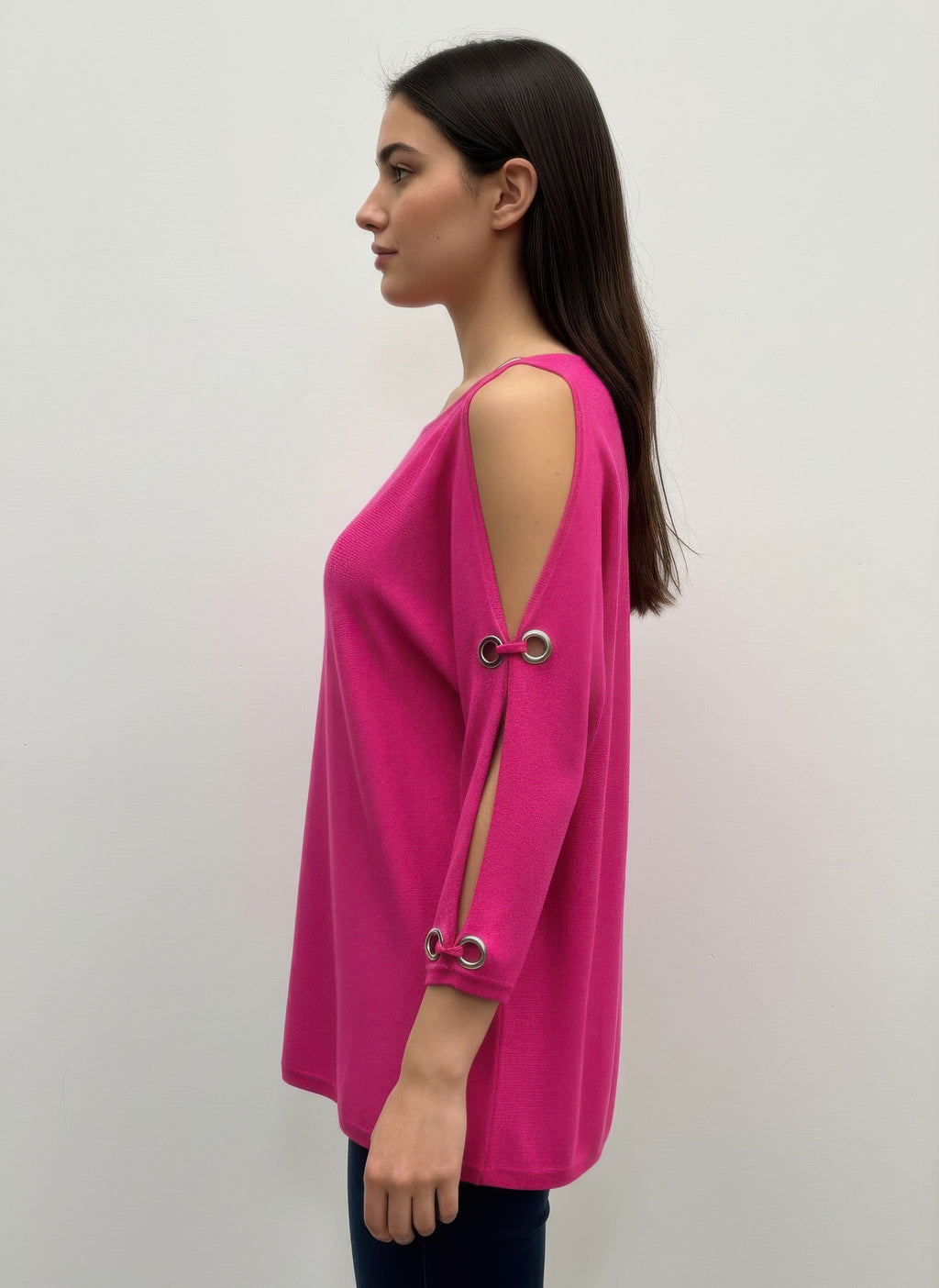 Pink pullover sweater with back shoulder opening and grommet ring on sleeve cuff