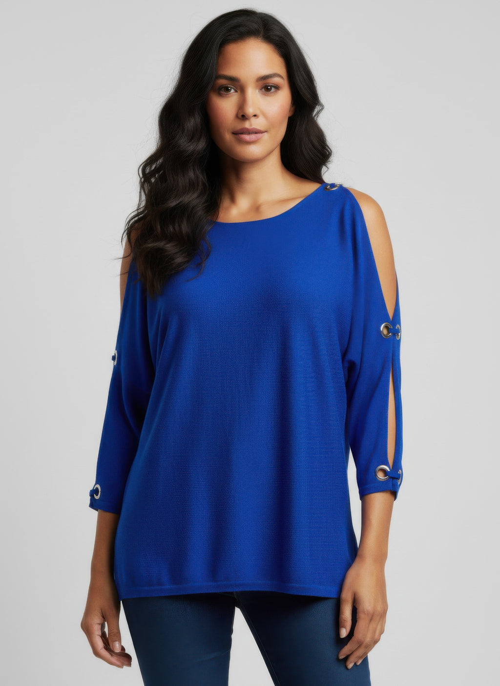 Royal blue cable & gauge pullover sweater with cold-shoulder cutouts and grommet sleeves