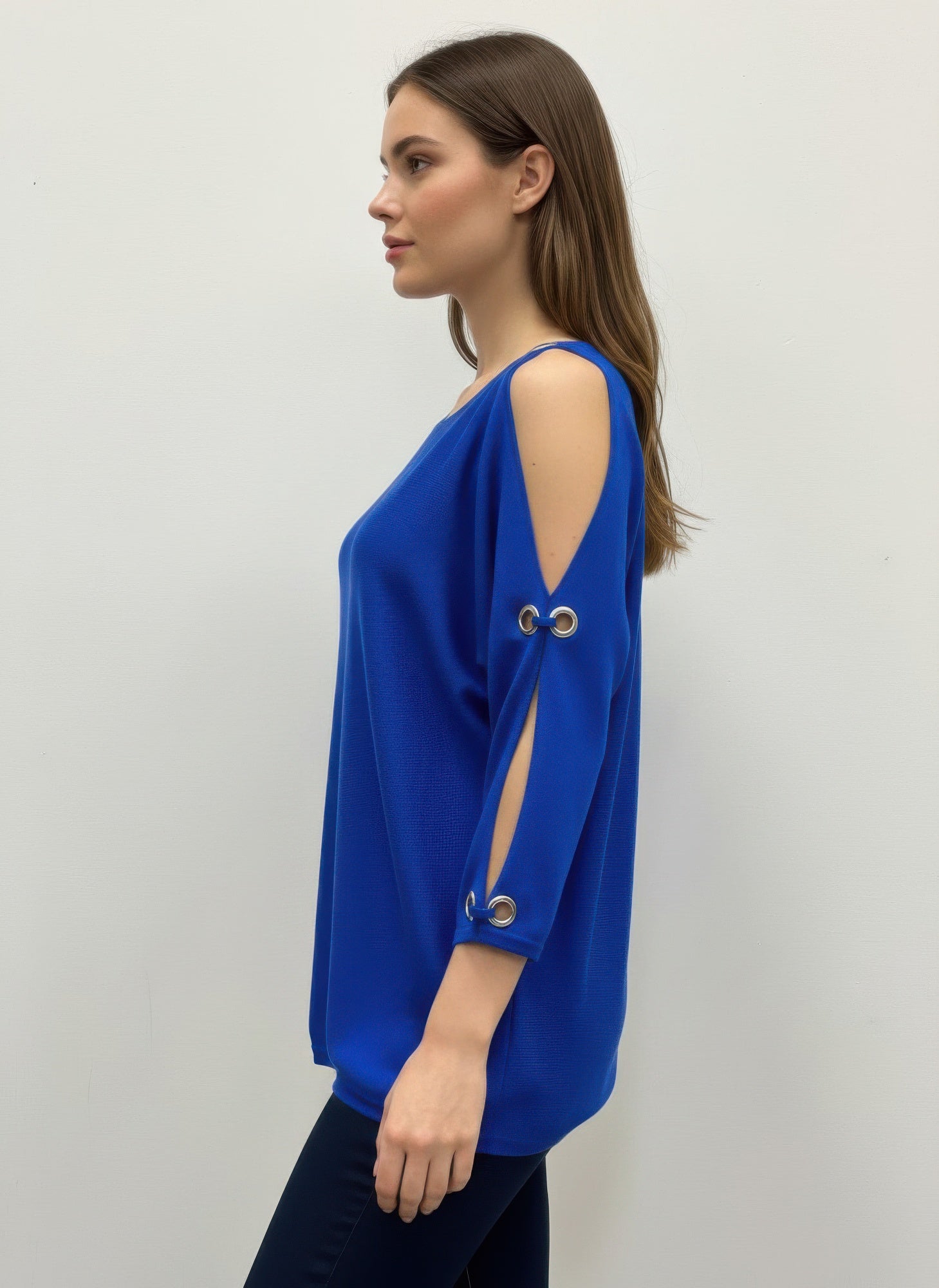 Royal blue pullover sweater, back cutout with eyelet detail on sleeves