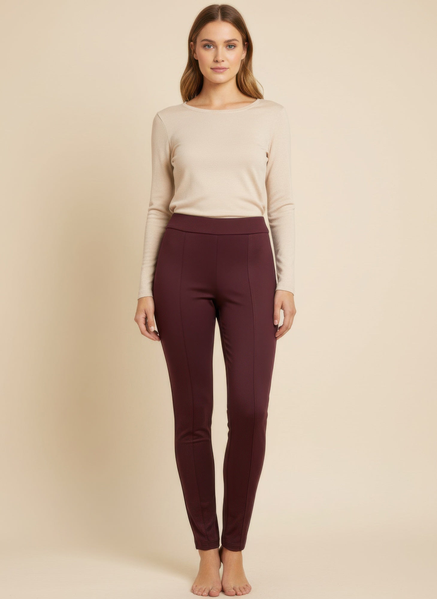 Solid pull-on pants, dark plum with elastic waist