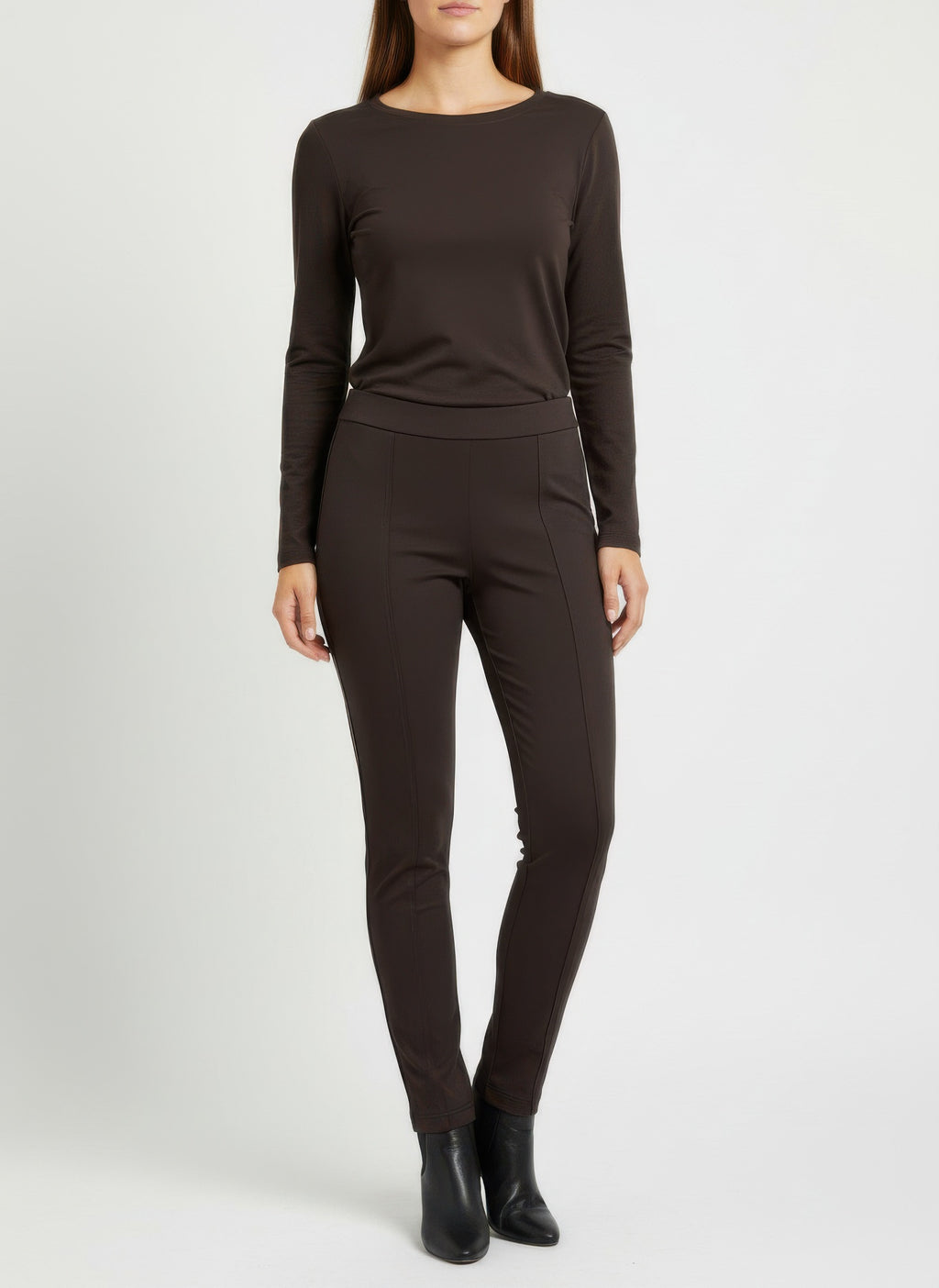 Dash Solid Pull On Pants, dark brown slim pull-on trousers with tapered ankle.